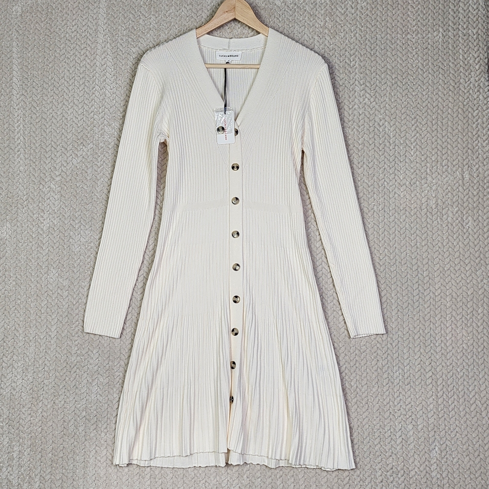 Lucky Brand Dress Womens Medium Ivory Ribbed Knit Long Sleeve Body Con Dress NWT